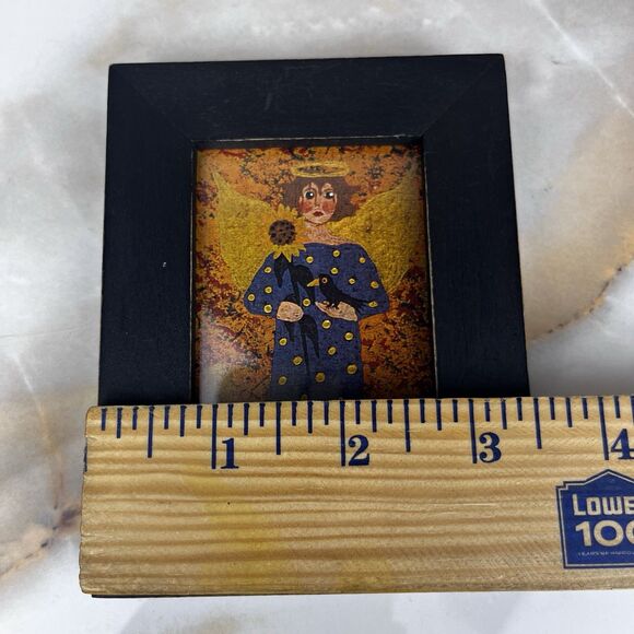 Vintage Folk Art 2 Miniature Painting Signed Annie B Giblin Angel Crow Sunflower - Picture 5 of 13